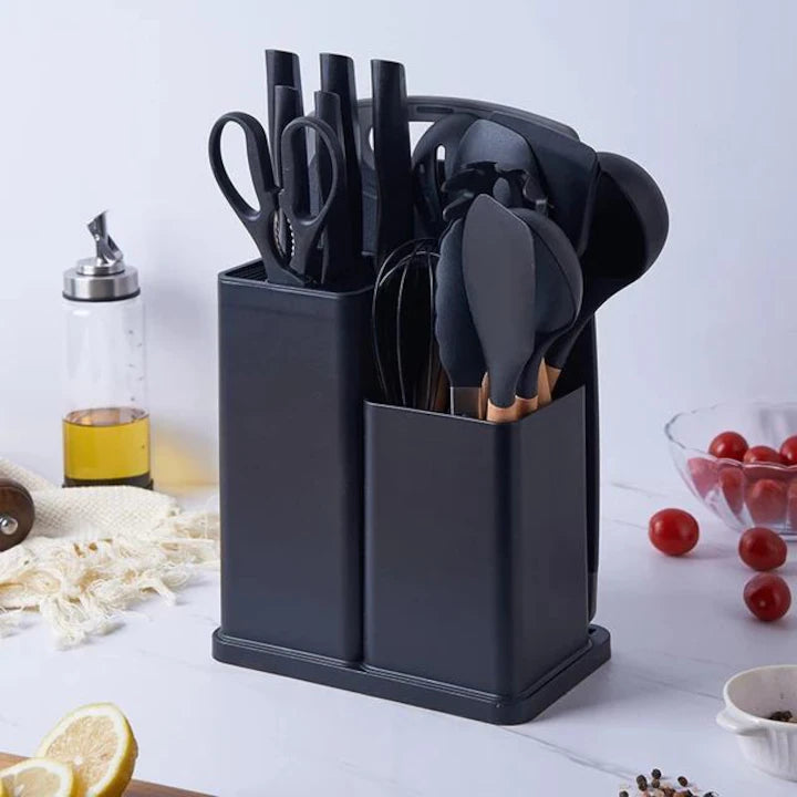 Set cutite otel inoxidabil si ustensile de bucatarie cu tocator, 19 piese, Negru