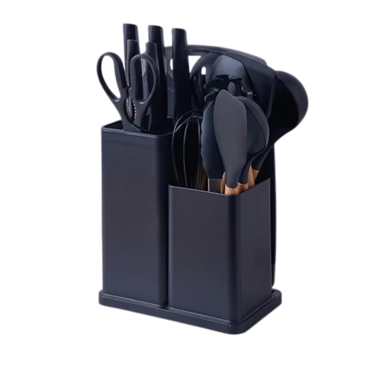 Set cutite otel inoxidabil si ustensile de bucatarie cu tocator, 19 piese, Negru