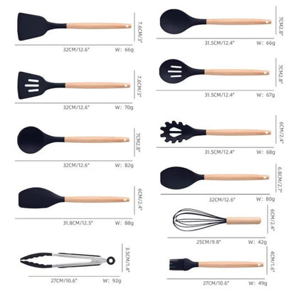 Set cutite otel inoxidabil si ustensile de bucatarie cu tocator, 19 piese, Negru