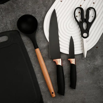 Set cutite otel inoxidabil si ustensile de bucatarie cu tocator, 19 piese, Negru