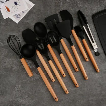 Set cutite otel inoxidabil si ustensile de bucatarie cu tocator, 19 piese, Negru