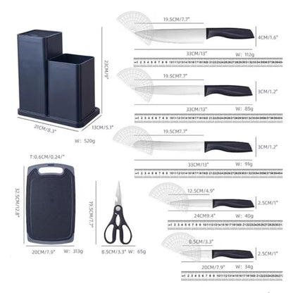 Set cutite otel inoxidabil si ustensile de bucatarie cu tocator, 19 piese, Negru