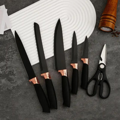 Set cutite otel inoxidabil si ustensile de bucatarie cu tocator, 19 piese, Negru