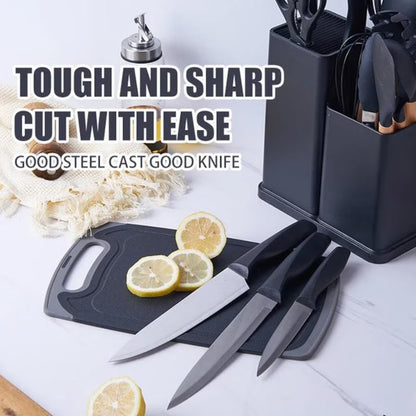 Set cutite otel inoxidabil si ustensile de bucatarie cu tocator, 19 piese, Negru