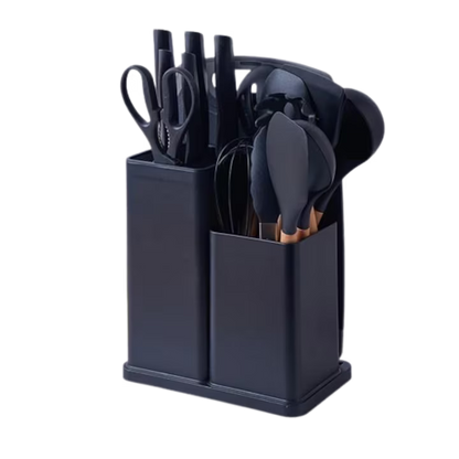 Set cutite otel inoxidabil si ustensile de bucatarie cu tocator, 19 piese, Negru