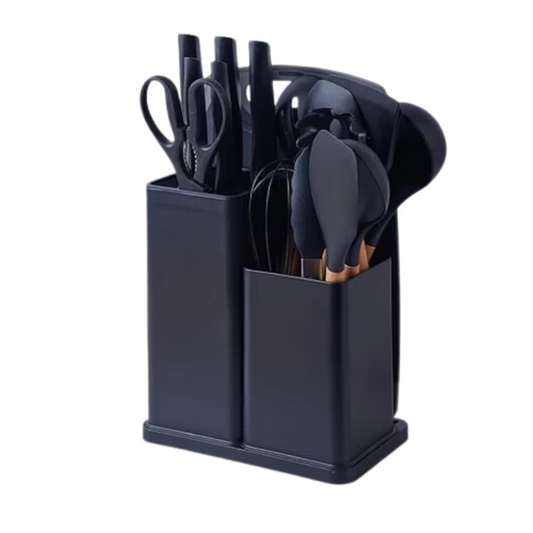 Set cutite otel inoxidabil si ustensile de bucatarie cu tocator, 19 piese, Negru