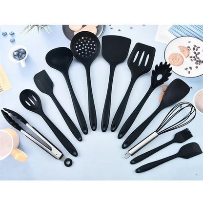 Set cutite otel inoxidabil si ustensile de bucatarie cu tocator, 19 piese, Negru