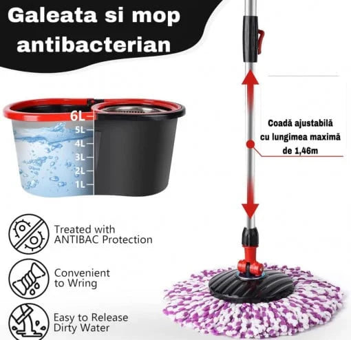 Set Mop Rotativ, Cuva din Inox, 4 Rezerve + Perie Rosturi si Covoare
